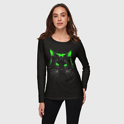 Лонгслив женский Черный кот в зеленом свечении, цвет: 3D-принт — фото 2