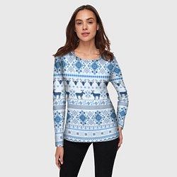 Лонгслив женский Blue sweater with reindeer, цвет: 3D-принт — фото 2