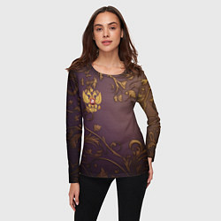Лонгслив женский Герб России золотой на фиолетовом фоне, цвет: 3D-принт — фото 2