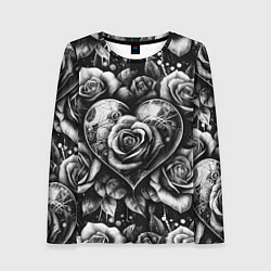 Женский лонгслив Черно белое сердце и розы