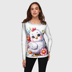 Лонгслив женский Мультяшная курица с цветами акварелью, цвет: 3D-принт — фото 2