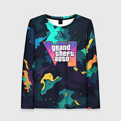 Лонгслив женский GTA 6 logo яркий неоновый камуфляжный стиль, цвет: 3D-принт