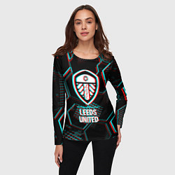 Лонгслив женский Leeds United FC в стиле glitch на темном фоне, цвет: 3D-принт — фото 2