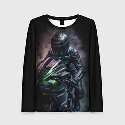 Лонгслив женский Мотоциклист на спортивном байке черный фон, цвет: 3D-принт