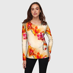 Лонгслив женский Оранжевые орхидеи акварельные, цвет: 3D-принт — фото 2