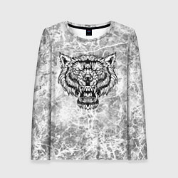 Лонгслив женский Черно-белый агрессивный волк на сером фоне, цвет: 3D-принт