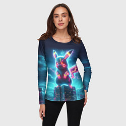 Лонгслив женский Пикадзила на крыше небоскрёба - неоновое свечение:, цвет: 3D-принт — фото 2