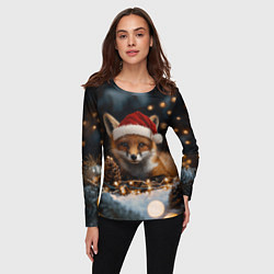 Лонгслив женский Лисица в новогодней шапочке, цвет: 3D-принт — фото 2