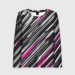Женский лонгслив Диагональные розово-белые полосы на чёрном фоне