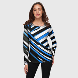 Лонгслив женский Бело-синие диагональные полосы на чёрном фоне, цвет: 3D-принт — фото 2