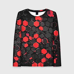 Лонгслив женский Красно-серые шестиугольники на чёрном фоне, цвет: 3D-принт
