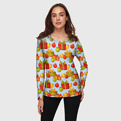 Лонгслив женский Новогодний паттерн с подарками и ёлочными шариками, цвет: 3D-принт — фото 2