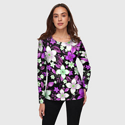 Лонгслив женский Фиолетово-белые цветы на чёрном фоне, цвет: 3D-принт — фото 2