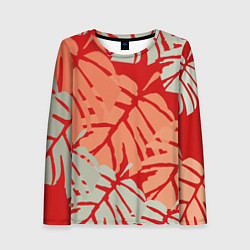 Лонгслив женский Отпечатки монстеры на красном, цвет: 3D-принт
