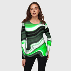 Лонгслив женский Волнистые горизонтальные чёрно-зелёные полосы на б, цвет: 3D-принт — фото 2