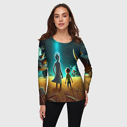 Лонгслив женский Морти и Рик на планете носорогов - неоновое свечен, цвет: 3D-принт — фото 2