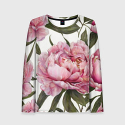 Лонгслив женский Розовые пионы на белом, цвет: 3D-принт