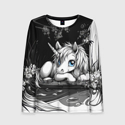 Лонгслив женский Белый единорог с голубыми глазами, цвет: 3D-принт