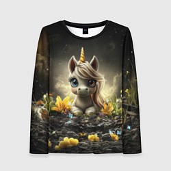 Лонгслив женский Белая единорожка на черном фоне, цвет: 3D-принт