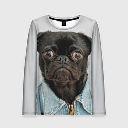 Женский лонгслив Мопс в джинсовке - голова групно