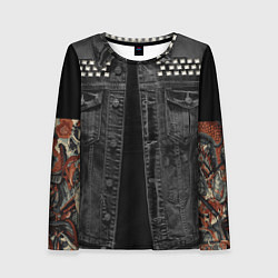 Лонгслив женский Джинсовка с татуировкой дракона и самурая - имитац, цвет: 3D-принт
