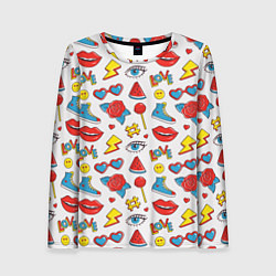 Лонгслив женский Паттерн с яркими молодежными стикерами, цвет: 3D-принт