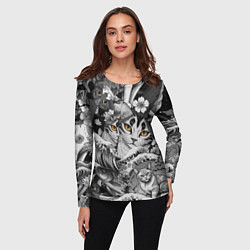 Лонгслив женский С котами и рыбой на фоне сакуры в волнах, цвет: 3D-принт — фото 2