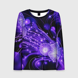 Женский лонгслив Силуэты цветов на темном фоне - фиолетовое свечени