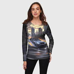 Лонгслив женский БМВ в вечернем городе, цвет: 3D-принт — фото 2