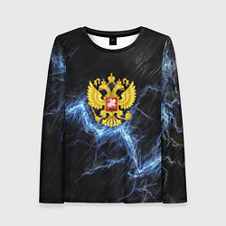 Лонгслив женский Герб РФ на черной текстуре с синими потертостями, цвет: 3D-принт