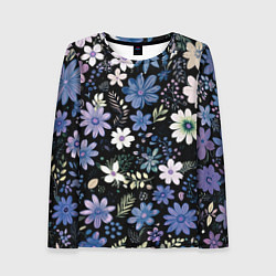 Лонгслив женский Чёрный в синий цветочек стилизованный, цвет: 3D-принт