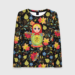 Лонгслив женский Хохломская роспись с русской матрёшкой, цвет: 3D-принт