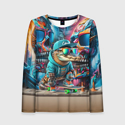 Женский лонгслив Крокодилёныш крутой скейтбордист - киберпанк