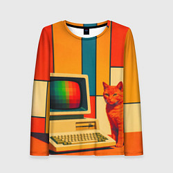 Лонгслив женский Кот и винтажный компьютер ретрофутуризм поп-арт 19, цвет: 3D-принт
