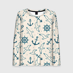 Лонгслив женский Морской паттерн из штурвалов, чаек и якорей, цвет: 3D-принт
