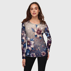 Лонгслив женский Сине-бежевый дымчатый с цветами, цвет: 3D-принт — фото 2