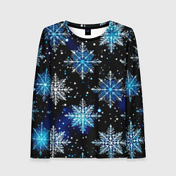 Лонгслив женский Стилизованный чёрно-синий со снежинками, цвет: 3D-принт