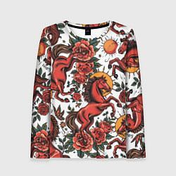 Женский лонгслив Красный конь в стиле татуировки