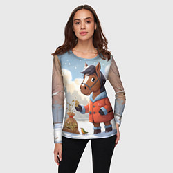 Лонгслив женский Лошадка на зимней прогулке, цвет: 3D-принт — фото 2