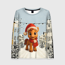 Лонгслив женский Милая новогодняя лошадка с шарфом, цвет: 3D-принт