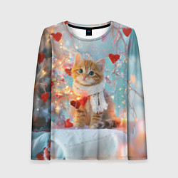 Лонгслив женский Рыжий новогодний котенок с сердечком, цвет: 3D-принт
