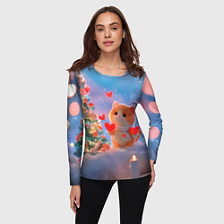 Лонгслив женский Рыжий котенок в сердечках у елочки, цвет: 3D-принт — фото 2