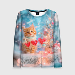 Лонгслив женский Котенок и гирлянда из сердечек, цвет: 3D-принт