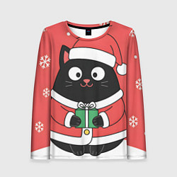 Лонгслив женский Новогодний котик с подарком, цвет: 3D-принт