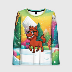 Лонгслив женский Красная лошадка в очках подмигивает 2026, цвет: 3D-принт