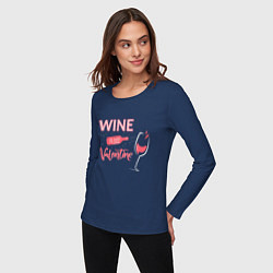 Лонгслив хлопковый женский Wine is my Valentine, цвет: тёмно-синий — фото 2