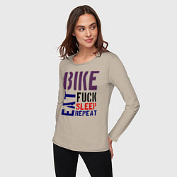 Лонгслив хлопковый женский Bike eat sleep repeat, цвет: миндальный — фото 2