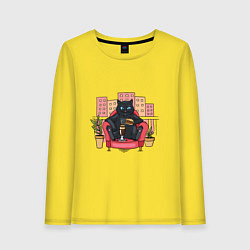 Лонгслив хлопковый женский Толстый кот на балконе, цвет: желтый