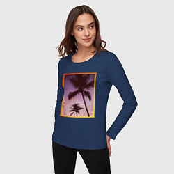 Лонгслив хлопковый женский Пальмы закат рамка, цвет: тёмно-синий — фото 2