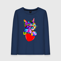 Лонгслив хлопковый женский РАДУЖНЫЙ КОТИК RAINBOW KITTY, цвет: тёмно-синий